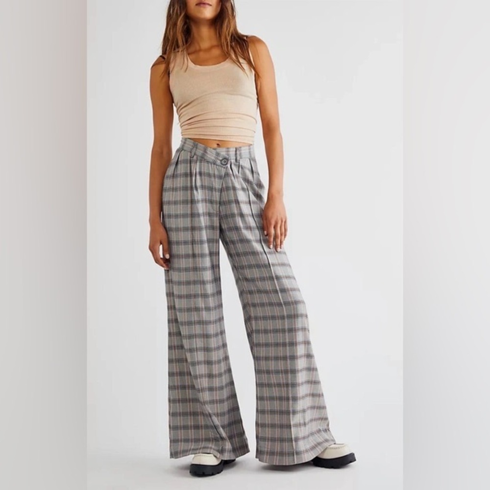 For Love & Lemons Kim Wide Leg Pants Gray Plaid Size S